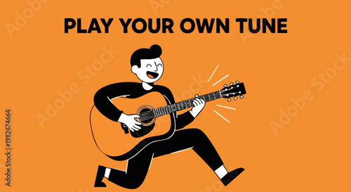 Minimalist cartoon man playing acoustic guitar, play your own tune motivational quote, flat vector illustration on orange background