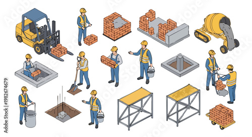 Construction workers and equipment isometric illustration