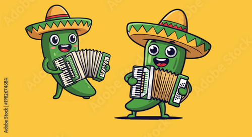 Mexican jalapeno pepper cartoon characters playing accordion, cute chili pepper mascot wearing sombrero hat, festive mariachi vegetable vector