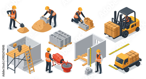 Construction Site Scene. Builders Working. Equipment and Materials. Isometric Style.