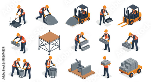 Construction workers isometric set. Building process vector icons. Industrial labor concept. Flat design elements.