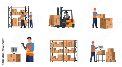 Warehouse Operations: Forklift, Shelving, Workers, Scanning. Logistics.