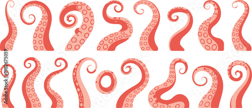 Photos Octopus tentacle cartoon icon set, vector illustrations of cute sea octopus and squid characters in isolated style on white background, perfect for marine, kids, and ocean-themed design projects