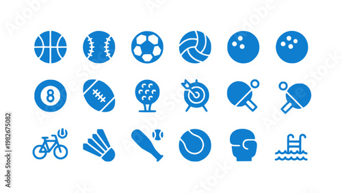 Blue icons of sports gear and athletic activities. Perfect for competition and sports branding.