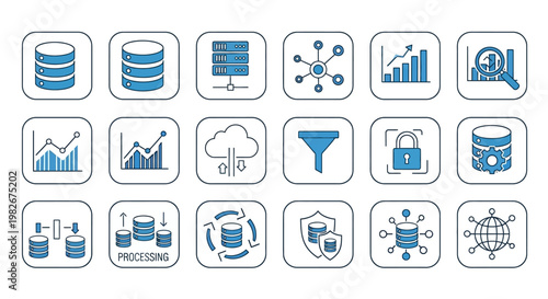 Data Icons Set: Cloud, Server, Database, Analytics, Security, Network, Processing