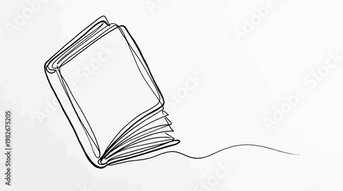 Book's Story Unveiled:  A flowing line art illustration of an open book, its pages gently unfurling, creating a visual narrative of knowledge, imagination, and the journey of stories told.