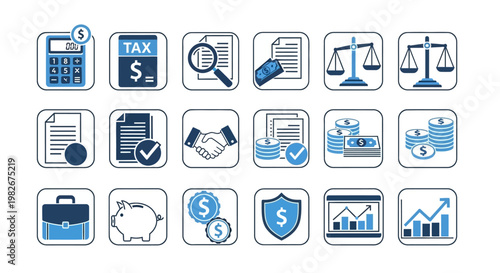 Finance and Business Icons: Accounting, Tax, Investment, Savings, and Legal Concepts
