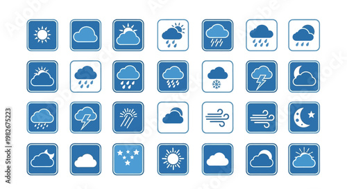 Weather Icons Set: Sunny, Cloudy, Rainy, Snowy, Windy, Night Forecast