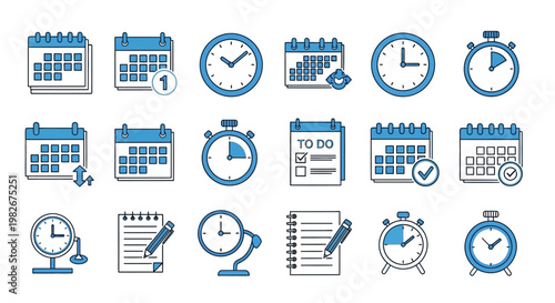 Time Management Icons: Calendar, Clock, Stopwatch, To-Do List, Planner