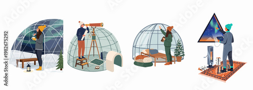 Illustrations of people enjoying the aurora borealis and stargazing from luxury glass igloos and warm, cozy winter cabins.