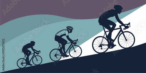 Silhouette illustration of three cyclists riding uphill together with cyclists athletes competition exercise training silhouette performance endurance lifestyle recreation challenge