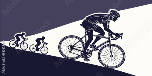 Graphic silhouette of three cyclists racing on a steep incline with fast paced cyclists athletes competition exercise performance endurance silhouette training lifestyle recreation