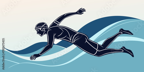 Stylized graphic illustration of a swimmer in the pool with waves swimming cap swimming exercise competition illustration silhouette training underwater lifestyle movement abstract