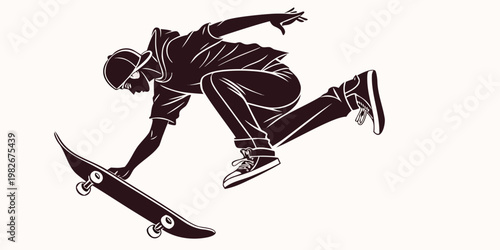 Silhouette graphic of a skateboarder performing a grab trick in the air with skateboarder skateboarding skateboard silhouette recreation lifestyle performance airborne movement athletic