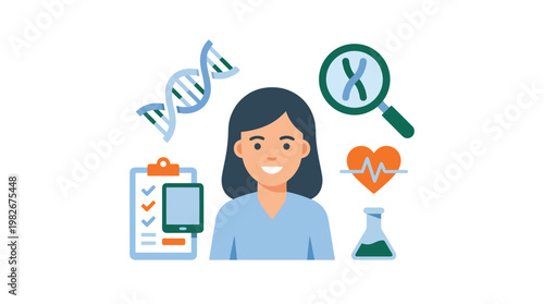 Female scientist portrait surrounded by laboratory icons.