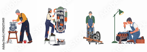 Set of Illustrations Featuring Diverse Mechanics and Engineers Repairing, Maintaining, and Inspecting Various Types of Engines and Industrial Machinery.