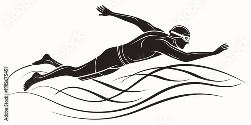 Minimalist graphic design of a swimmer freestyle stroke with swimming cap swimming freestyle competition exercise training illustration silhouette performance endurance physical