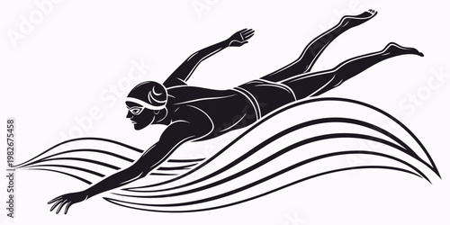 Black and white vector illustration of a professional swimmer in motion with swimming cap swimming pool swimmer icon swimmer graphic swimming competition exercise training illustration