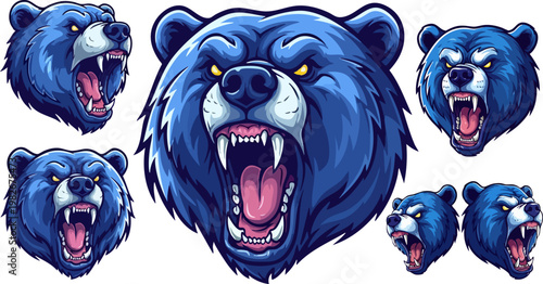 Aggressive blue bear mascot head collection, 6 roaring grizzly bear vector illustrations, fierce predator sports logo set with sharp teeth