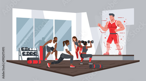 Group fitness class with instructor leading workout session.