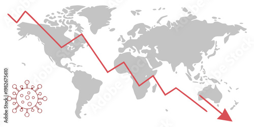 World economy downward trend graph and pandemic warning illustration with recession pandemic business financial downturn negative analysis statistics illustration depression commerce