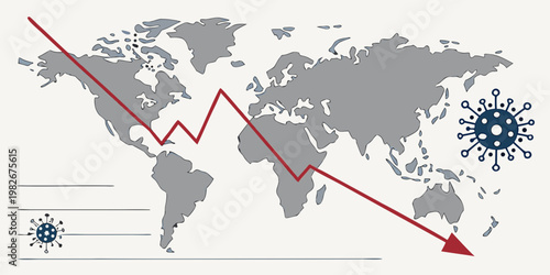 Global economic downturn graph with virus and information lines recession pandemic business financial downturn negative analysis statistics illustration depression commerce economic