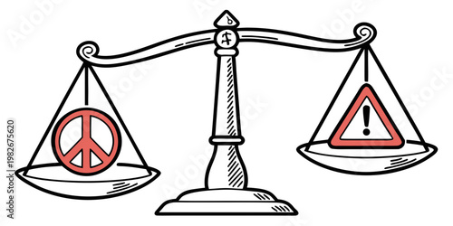 Conceptual scales balancing peace symbol against warning sign with decision comparison conflict judgment weighing illustration opposition ideology philosophy abstract politics