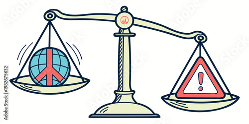 Conceptual illustration of weighing scale balancing globe with peace sign against red hazard warning triangle conflict exclamation ideology comparison illustration judgment weighing