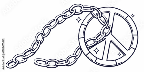 Drawing of heavy iron chain wrapped around peace symbol icon with restraint illustration activism struggle shackles monochrome isolated metaphor strength industry hardware material