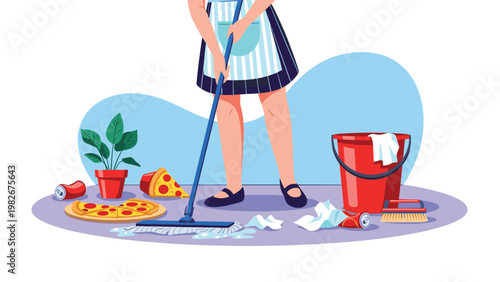 Person in an apron mops a messy floor covered in discarded pizza slices, aluminum cans, and paper trash in a blue domestic setting.