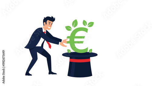 Smiling businessman in a suit successfully pulls a large green euro currency symbol decorated with leaves out of a black magician hat.