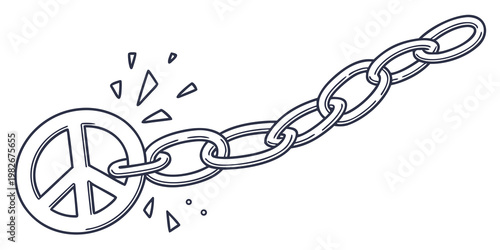 Broken peace sign symbol attached to a heavy metal chain isolated on white background with shattered conflict liberation illustration isolated politics metalwork fractured restraint