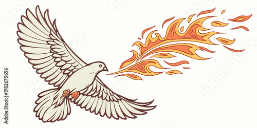 White dove of peace flying forward with flames emitting from its beak illustration mythical powerful religion creative isolated movement transformation majestic wildlife detailed
