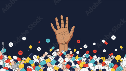 Single hand reaches up for help from a massive pile of various colorful pills and capsules against a dark blue background.