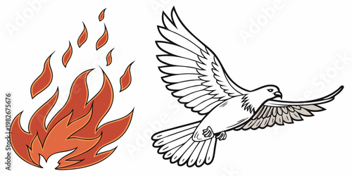 Stylized illustration of a soaring white dove above flickering orange flames with abstract illustration wildlife transformation contrast stylized silhouette outlines creative background