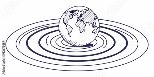 Hand drawn sketch style globe centered on concentric circular orbital lines with illustration geography astronomy abstract structure artistic creative international connectivity