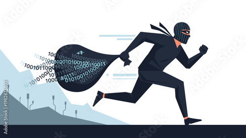 Mysterious masked thief in dark clothing runs away while carrying a large sack filled with glowing digital binary code data.