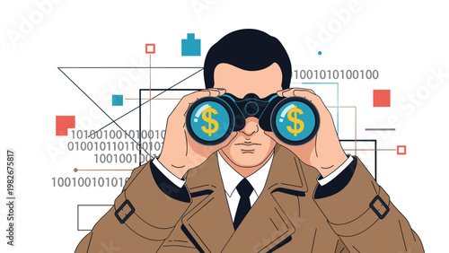 Determined businessman in a trench coat looks through binoculars with dollar signs reflected in the lenses against a digital data background.
