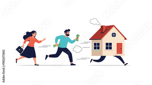 Man and woman chase after a house that is running away on human legs while the man holds out several bills of money.