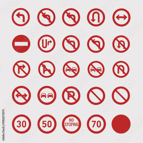 Collection of Red Traffic Signs and Road Symbols on Gray Background