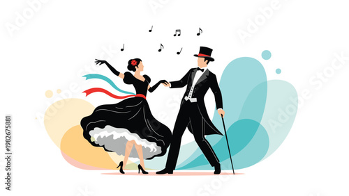 Formal couple in a tuxedo and black evening gown performs a graceful ballroom dance against an abstract colorful wave background.