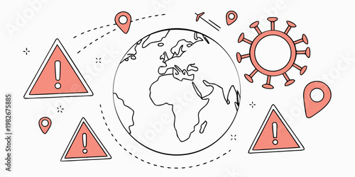 Global pandemic virus outbreak concept with map pins and danger warning signs pandemic outbreak location emergency restriction illustration contagion infection attention information