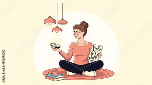 Young woman with glasses sitting on a rug while holding a music compact disc and a sheet of musical scores in a cozy home setting.