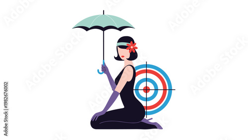 Elegant woman wearing a black dress and gloves holding a teal umbrella while kneeling in front of a colorful archery target board.