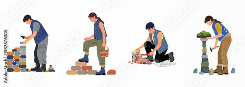 Set of illustrations depicting young men and women engaged in stone masonry, wall building, and artistic rock stacking projects.