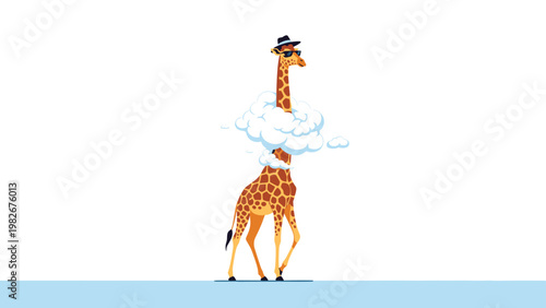 Tall giraffe wearing a stylish hat and dark sunglasses gracefully walking through soft white fluffy clouds against a white background.