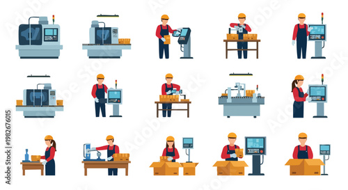 Factory Workers. Manufacturing Process. Industrial Automation. Flat Design Vector. Production Line Concept.