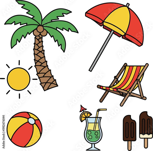 Summer vacation beach icons set with palm tree, umbrella, chair, ball, drink and ice cream