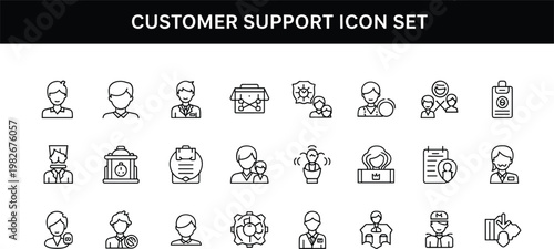 Customer support avatar icon set with helpdesk agent communication service assistance contact center teamwork vector outline collection