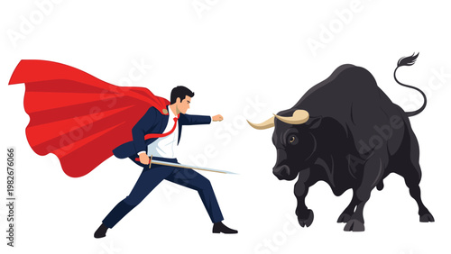 Brave businessman wearing a red cape and holding a sword while facing a massive charging black bull in a conceptual battle.